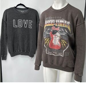 HRT & LUV lot of 2 acid wash graphic print long sleeve crewneck sweatshirts sz M